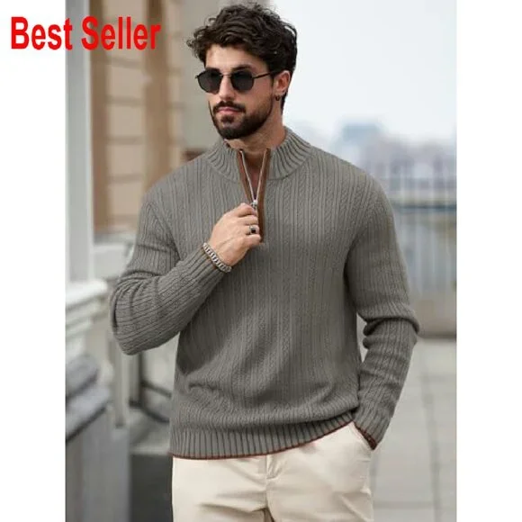 Quarter-Zip Pullover Sweater Mock Neck Ribbed Knit Classic Fit Winter Warm